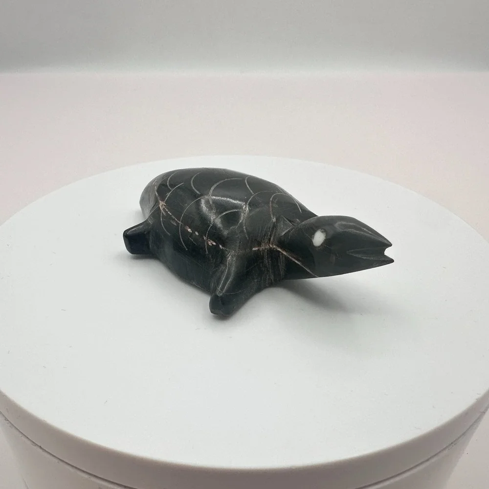 Vintage 90s Black Turtle Figurine Inlay Eyes Hand Carved‎ Home Decor Accessories